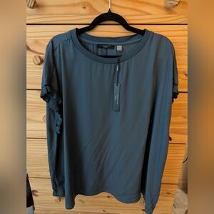 Tahari Ruffled Blue Short Sleeve Blouse